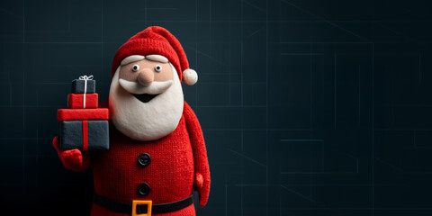 Abstract funny red white  classic felt figure Santa Claus character with xmas gift present in hands against a deep modern blue black wide background with copy space for  christmas greeting
