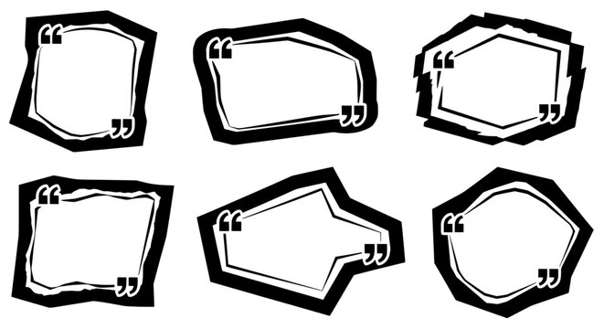 A set of six edgy and abstract quote box templates with a bold grunge, collage-style effect. Vector illustrations for testimonials or social media posts.