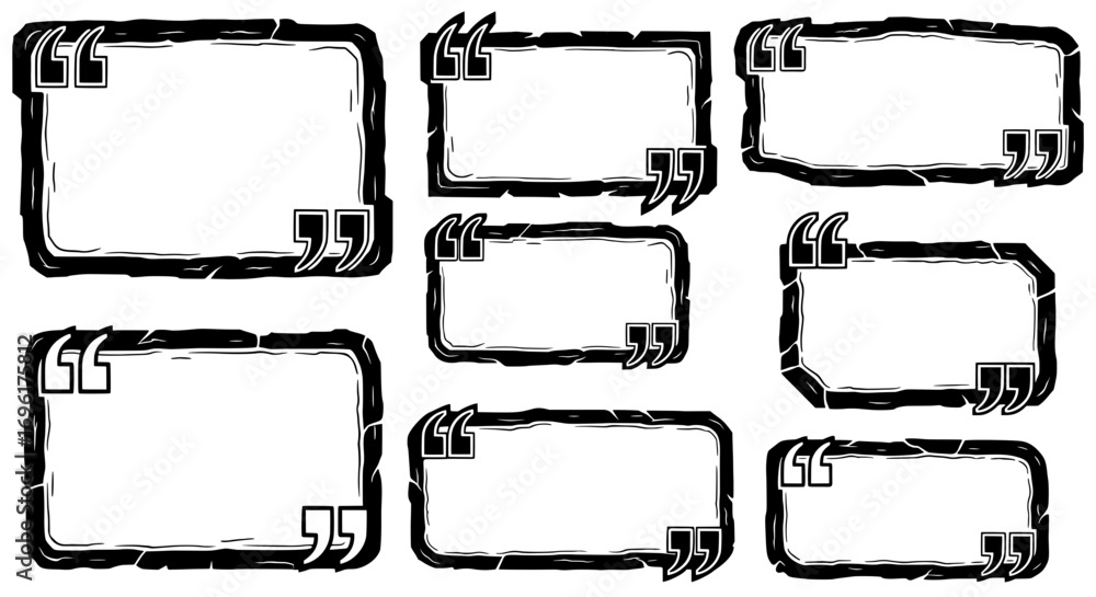 Poster Set of nine hand-drawn quote box templates with a rustic stone texture. Grunge-style frames with quotation marks, perfect for testimonials and reviews.