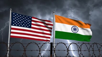 The deteriorating relationship between the usa and india symbolized by a stormy sky and barbed wire representing political conflict and a growing international trade dispute crisis