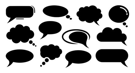 Fototapeta premium A diverse collection of twelve black silhouette speech and thought bubble icons. Isolated vector shapes for chat, comics, comments, and dialogue concepts.
