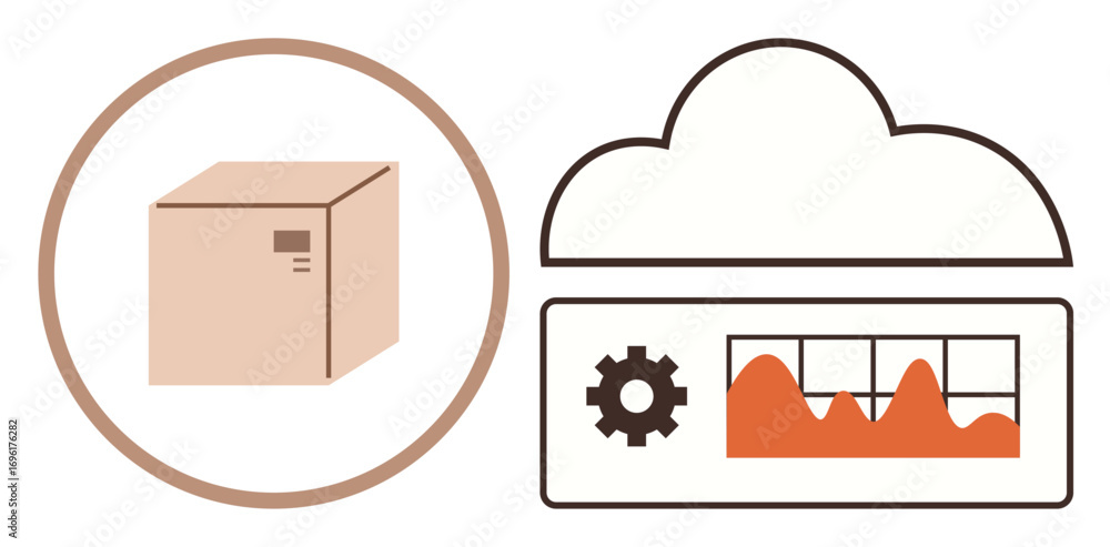 Aufkleber cardboard box linked to cloud storage with analytics chart and gear icon. ideal for logistics, suppl