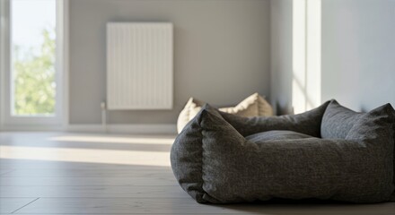 Pet bed near radiator in sunlit room, dark gray plush design with raised sides for comfort, light wood flooring and large windows creating a calm, cozy space