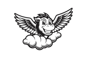 Cartoon Pegasus Mascot on Cloud, Wings Spread, Happy Expression,