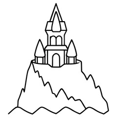 Black and white line drawing of an ice castle on a mountain