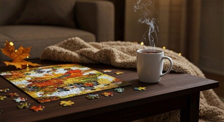 Puzzle board on coffee table with vibrant autumn scene in progress, scattered pieces and steaming mug creating a warm, cozy seasonal leisure setting