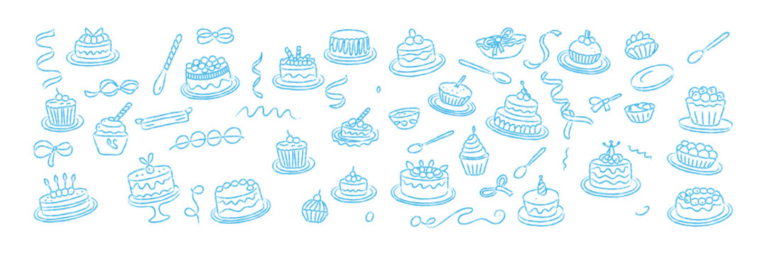 Hand Drawn Vintage Festive Holiday Dessert Buffet Illustration with Cakes Tarts Cupcakes Ribbons Plates