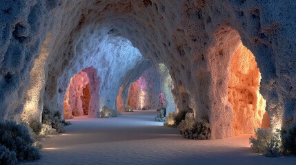 Ice cave interior with colorful lighting illuminating the icy formations.