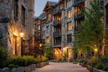 Fototapeta premium Quaint evening alleyway between stone buildings