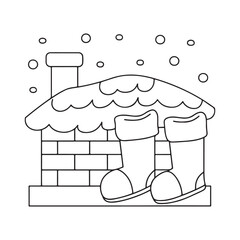 Christmas chimney with snow covered roof and Santa boots with stockings vector illustration