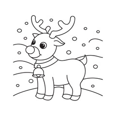 Cartoon reindeer with antlers and a bell in the snow scarf