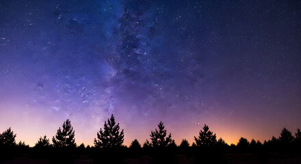 Obraz premium Majestic Milky Way over Evergreen Forest, Inspiring Night Scenery with Stars and Silhouette