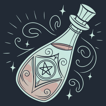 Abstract glowing magical elixir bottle design with vibrant colors and a mystical aura