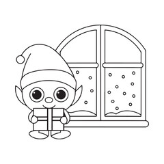 Adorable cartoon elf holding a gift box next to a snowy window christmas character