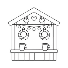 Black and white illustration of a festive market stall with mugs and decorations kiosk booth