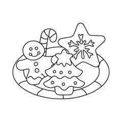 Plate of Christmas Cookies Including Gingerbread Man Candy Cane and Star Coloring Page vector illustration