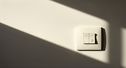 Light switch with fingerprints, white dual-button design on plain wall, one button marked with visible smudge, sunlight casting diagonal shadows for a textured, high-contrast look