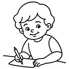 Child s simple black and white drawing of a boy with a pencil