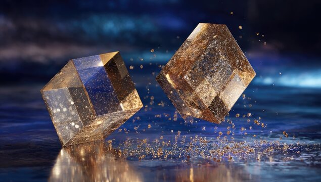 Two golden cubes suspended in mid-air, sparkling