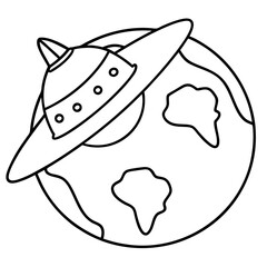 Minimalist black and white line art of a spaceship orbiting earth