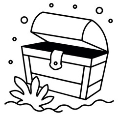 Black and white illustration of a treasure chest submerged underwater