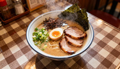 Savory Ramen Bowl: A steaming bowl of authentic ramen, featuring a rich broth, tender slices of meat, perfectly boiled egg, vibrant toppings, inviting culinary delight and enticing sensory experience.