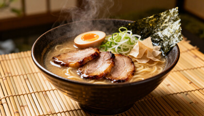 Ramen: A steaming bowl of flavorful ramen, featuring tender slices of pork, a perfectly cooked egg, and aromatic ingredients, invites a feast for the senses, capturing the essence of comfort food.