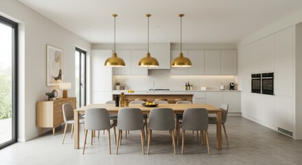 Modern dining room and kitchen area with wooden furniture, pendant lights, and large windows showcasing a bright and airy space