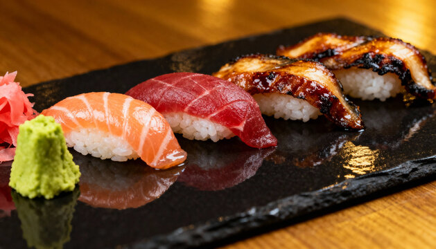 Sushi Delight: A close-up shot of a delectable sushi arrangement on a stylish serving board. Featuring classic sushi options and the vibrant wasabi and ginger garnishes.