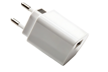 Close up of a white european wall power adapter with two round pins against a black background