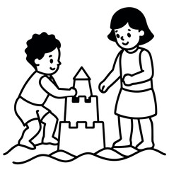 Children happily building a sandcastle on a sunny beach