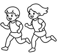 Children racing in a park black and white line art illustration