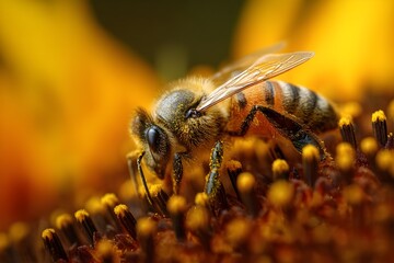Fototapeta premium Extreme Close-up shot of a bee on a sunflower