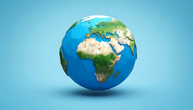 Low-poly rendering of Earth with continents highlighted. Isolated globe set against a gradient blue background. Graphic depicts landmasses in earth tones and oceans in bright blue. 