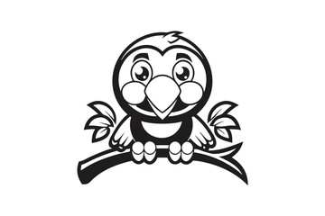 Cheerful Cartoon Bird on Branch Against White Background