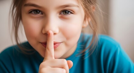 Naklejka premium Close-up of a girl with finger on lips, symbolizing silence, secrecy, or shhh gesture. Perfect for blogs, websites, educational materials needing discreet, childlike image.