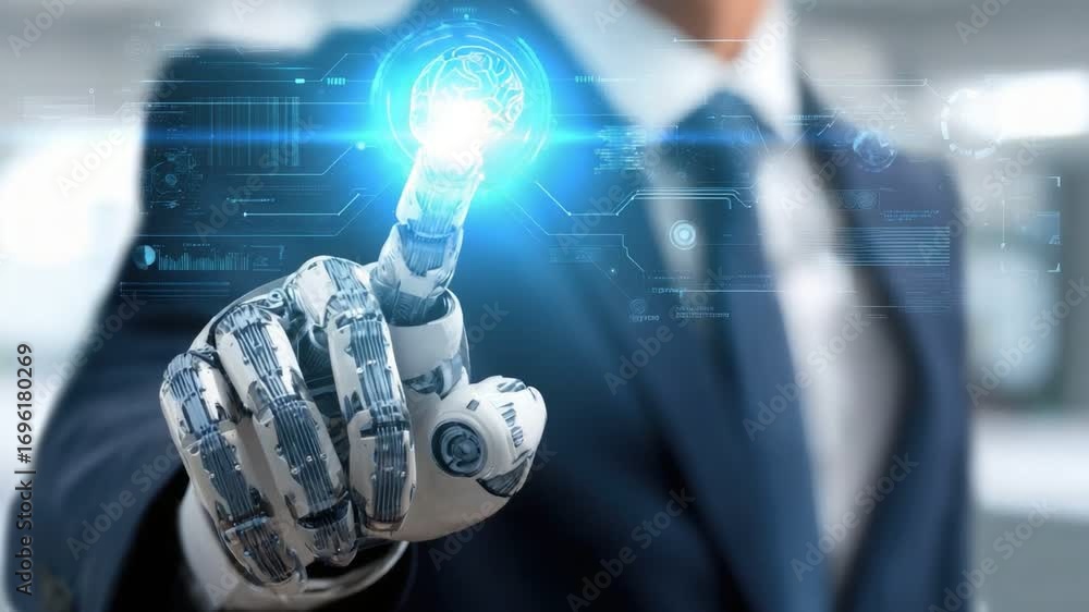Poster a futuristic robotic hand interacts with a glowing digital interface, symbolizing the integration of