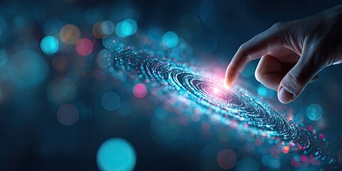 A hand touches a swirling, digital galaxy