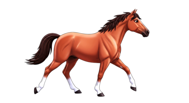 majestic chestnut horse 3d model galloping animation for games and films, isolated on transparent background