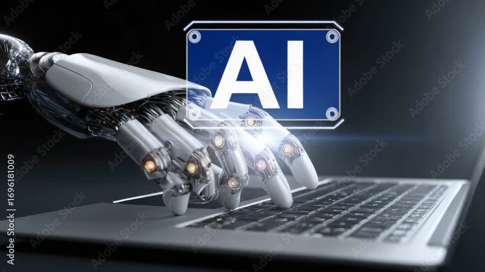 Poster a futuristic robotic hand typing on a laptop keyboard, symbolizing the integration of ai in daily ta