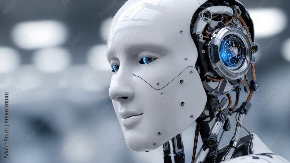 Poster a futuristic robot with intricate details, showcasing advanced technology and design. this image emp