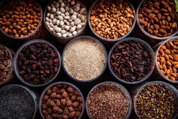 Assorted nuts, seeds, and dried fruits in containers