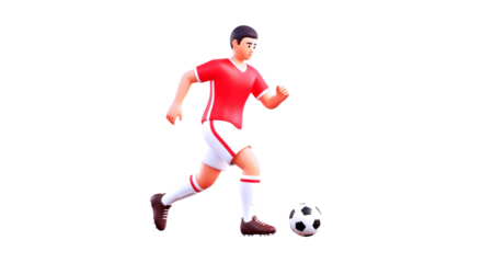 animated soccer player red jersey dribbling 3d model for games, isolated on transparent background