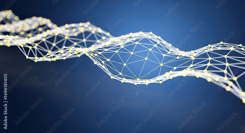 Poster abstract wavy network structure with white lines and yellow nodes on blue gradient