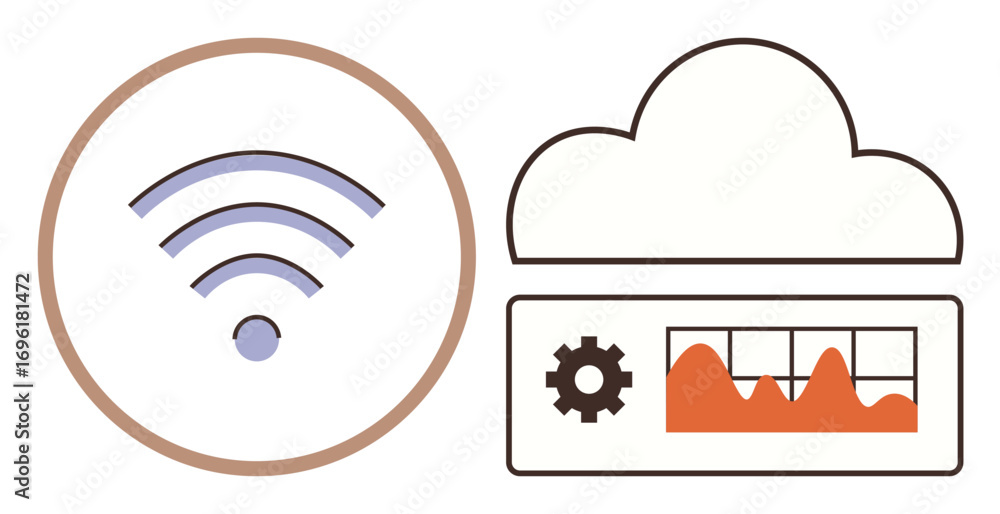 Poster wireless signal icon next to a cloud with a data analytics dashboard. ideal for network, storage, an