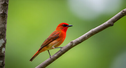 Scarlet Tanager perched gracefully on a branch against a vibrant green backdrop scene