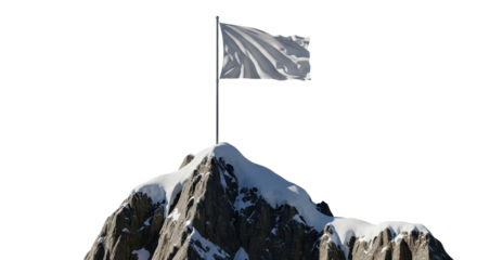 Flag on snow mountain peak on white background