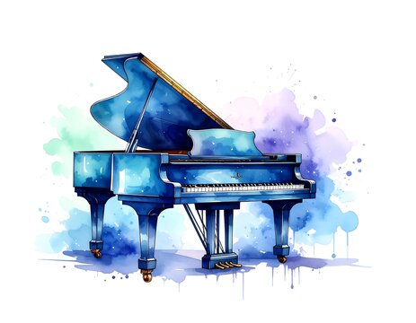 Vibrant blue grand piano in watercolor style - Powered by Adobe