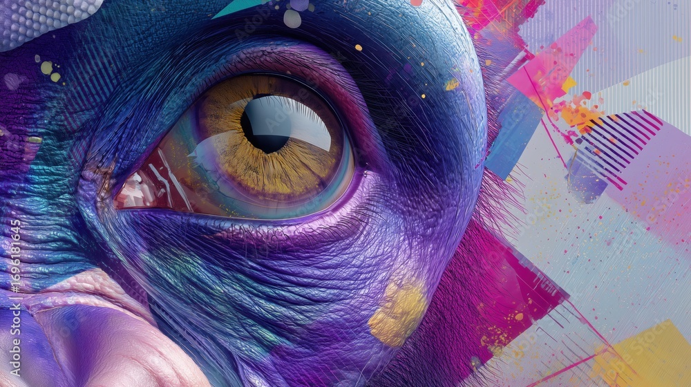 Poster cosmic gaze: an eye, awash in a cascade of vibrant, kaleidoscopic colors and dynamic textures, creat