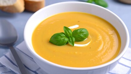 Close-up of a creamy orange soup in a white bowl, garnished with fresh basil leaves and a swirl of cream, and side of bread. The soup sits on a white cloth